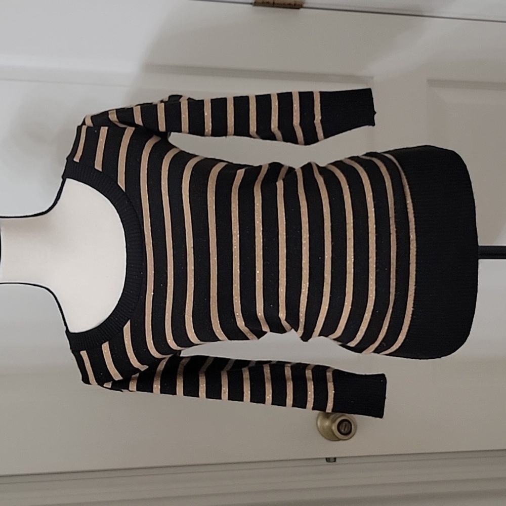 BCX Size Unknown, lack Gold Metallic Striped Long Sleeve Sweater, Puff Shoulder